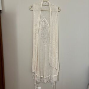White Country Cottage Long Vest with crochet details and fringe